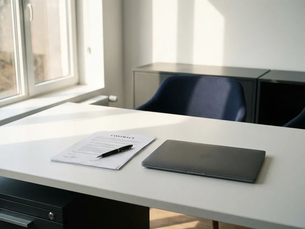 Ondertekend contract op modern kantoorbureau naast laptop, pen diagonaal op pagina's, natuurlijk licht, professionele MKB-werkruimte.