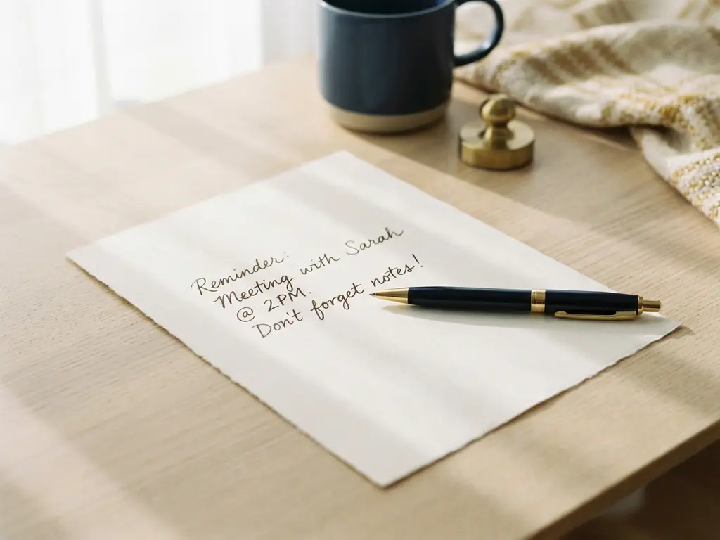 Handgeschreven herinneringsbrief op wit papier met een pen diagonaal erop, zacht natuurlijk licht op modern bureau.