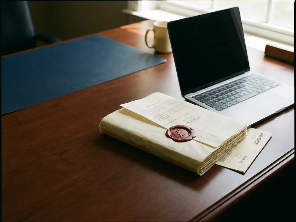 Formeel juridisch document met officieel zegellak op kantoorbureau, naast laptop en onbetaalde factuur, in marineblauw en ivoortinten.