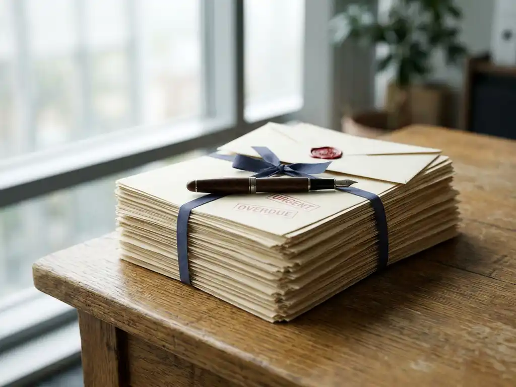 Stapel juridische documenten en achterstallige facturen op kantoorbureau met gestempelde envelop en pen, in marineblauw en warmwit.