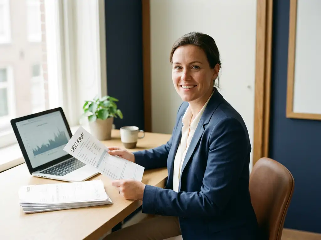 Ondernemer houdt kredietrapport vast aan modern bureau met laptop en facturen, natuurlijk zijlicht.
