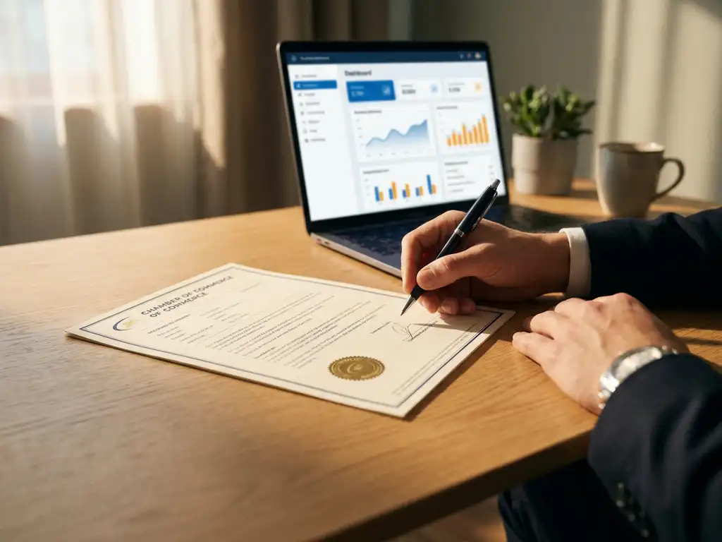 Zakenman ondertekent officieel KVK-document aan modern bureau met laptop op de achtergrond.