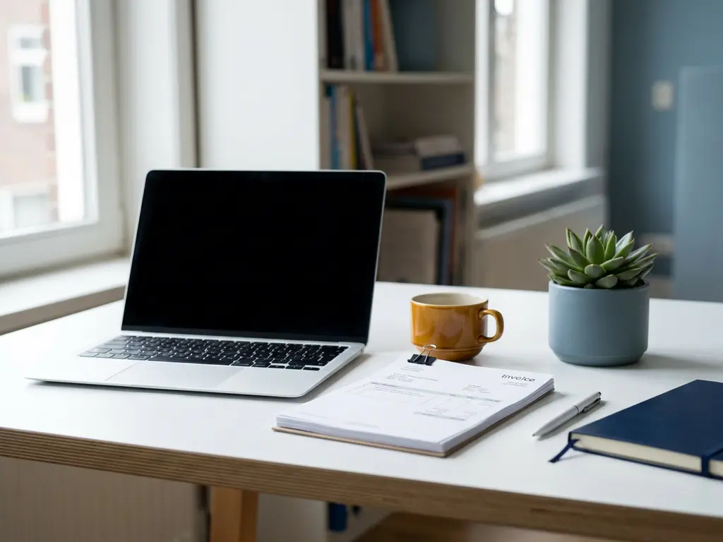 Opgeruimd modern kantoorbureau met facturen, laptop, koffiekop en vetplant in warm natuurlijk daglicht.