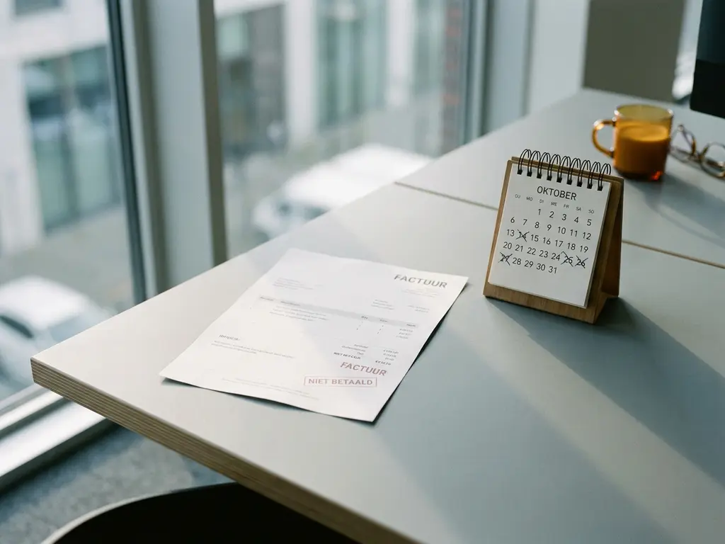 Onbetaalde factuur op modern bureau naast bureaukalender met rode stempel, zachte natuurlijke belichting in professionele kantooromgeving.