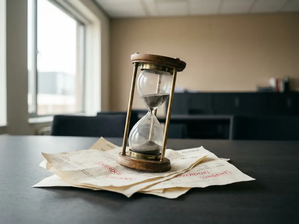 Verouderde zandloper met bijna leeg zand op stapel vervallen facturen met rode stempel, op modern bureau in Nederlands kantoor.