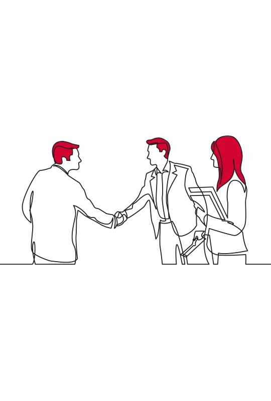 An illustration of two men shaking hands, while a woman watches on