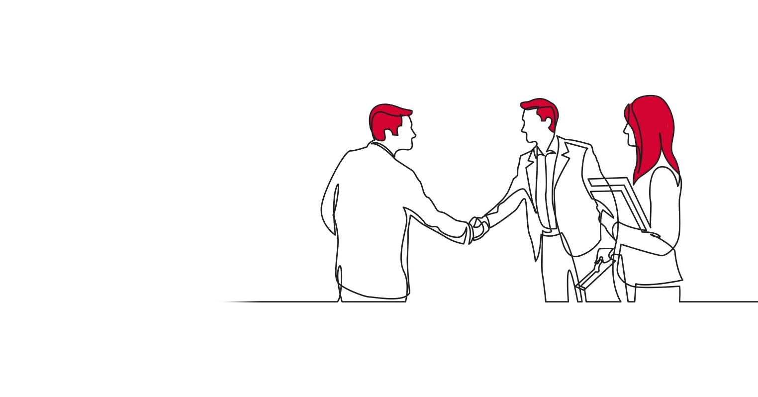 An illustration of two men shaking hands, while a woman watches on