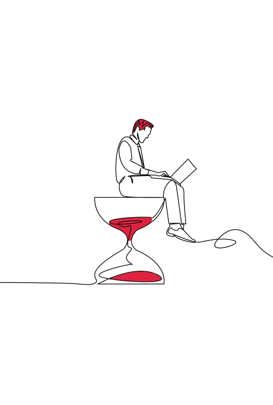 An illustration of a man using a laptop while sat on a large egg timer