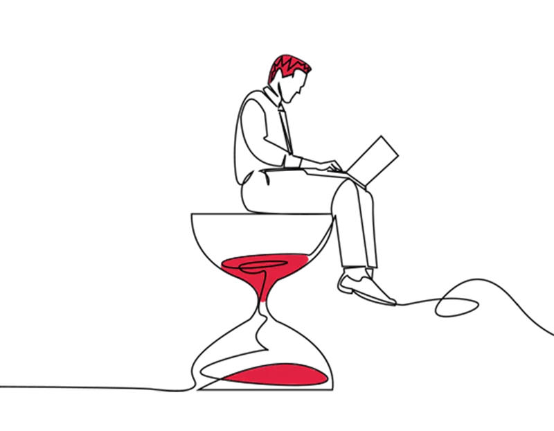 An illustration of a man using a laptop while sat on a large egg timer
