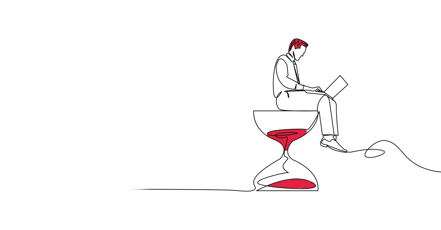 An illustration of a man using a laptop while sat on a large egg timer