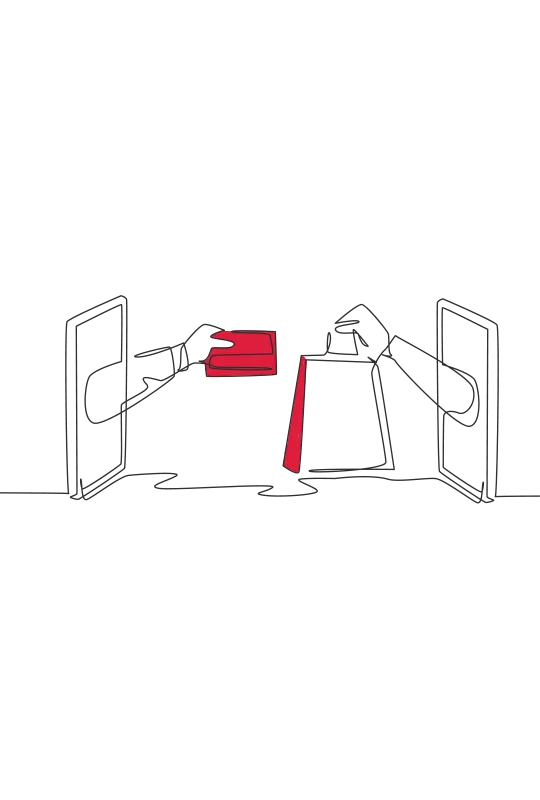 An illustration of two facing screens with a hand coming out of each, one is holding a bag, the other a bank card