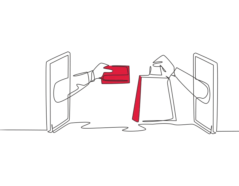 An illustration of two facing screens with a hand coming out of each, one is holding a bag, the other a bank card