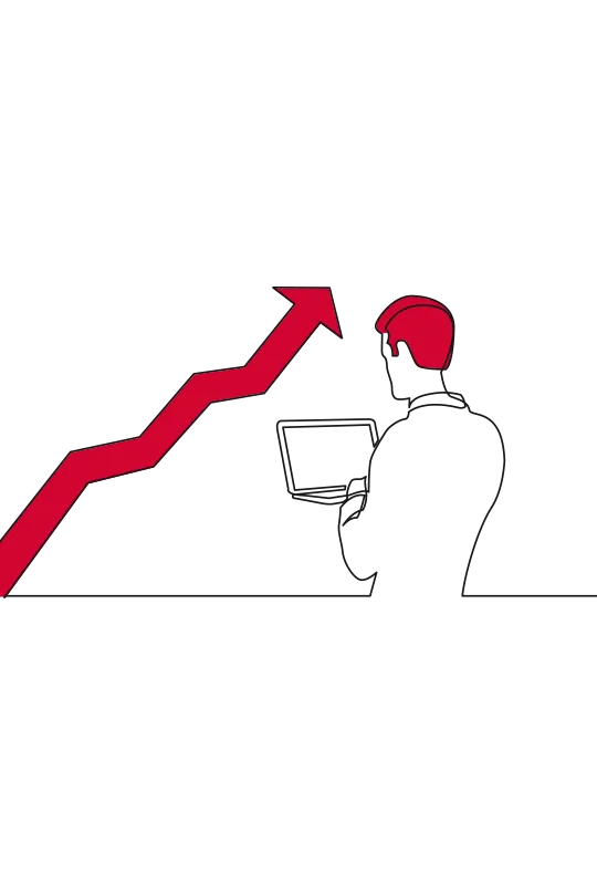 An illustration of a man working on a laptop next to a red arrow on a chart
