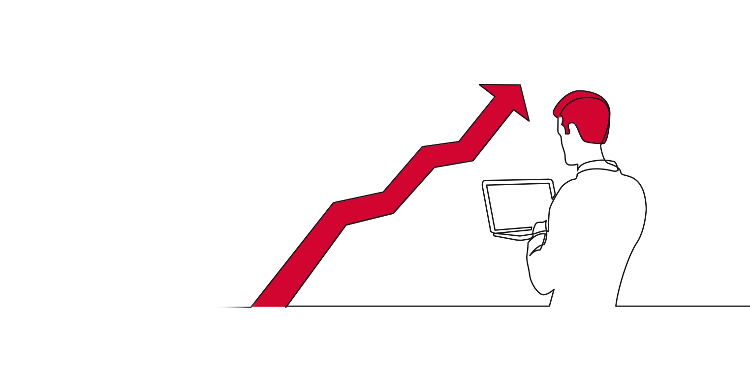 An illustration of a man working on a laptop next to a red arrow on a chart