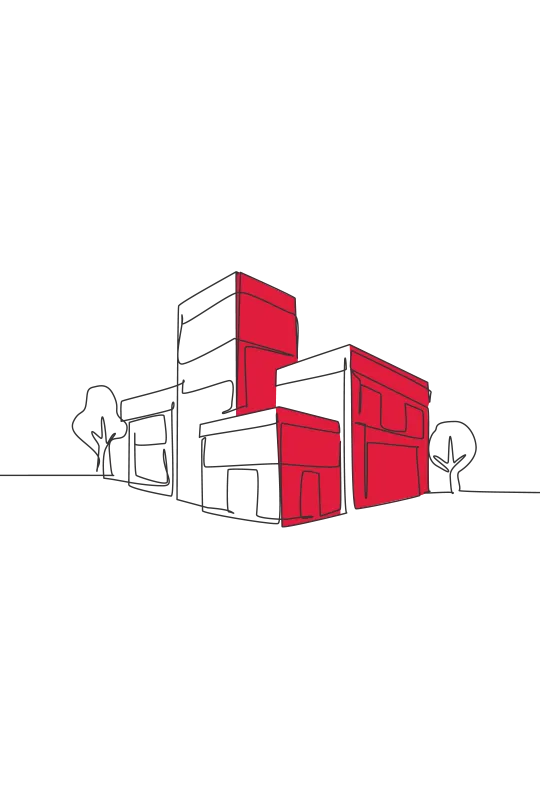 An illustration of a cluster of buildings and trees