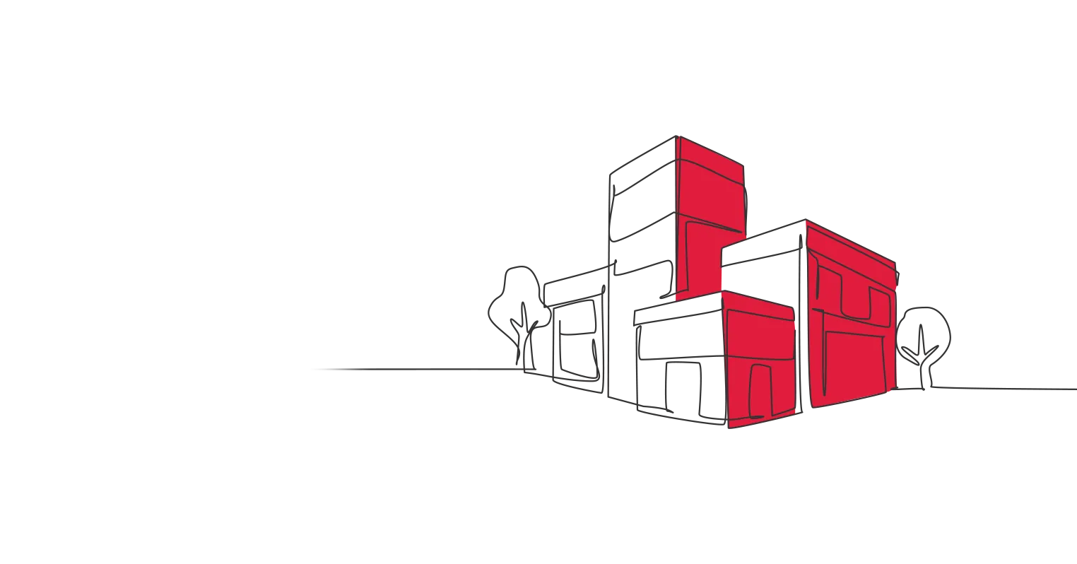 An illustration of a cluster of buildings and trees