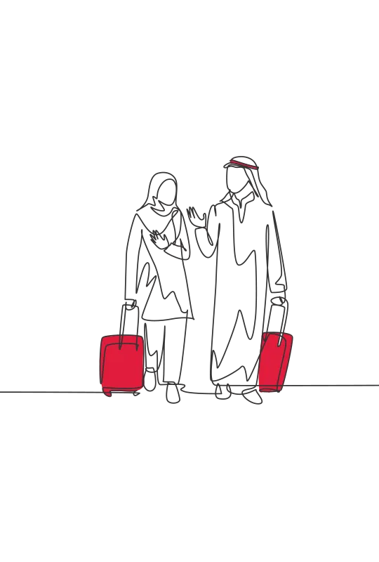 An illustration of two people wearing traditional Arabic dress and talking as they wheel red suitcases