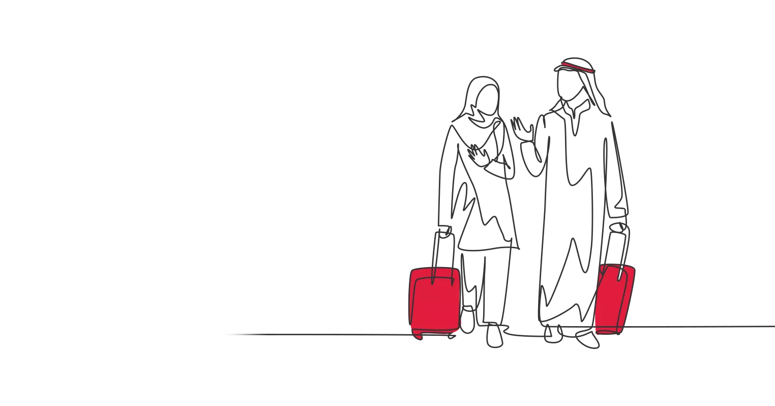 An illustration of two people wearing traditional Arabic dress and talking as they wheel red suitcases