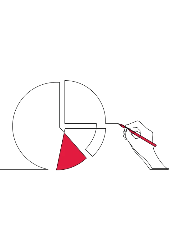 An illustration of a hand holding a red pen and a pie chart