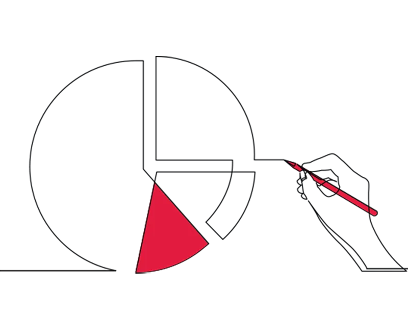 An illustration of a hand holding a red pen and a pie chart