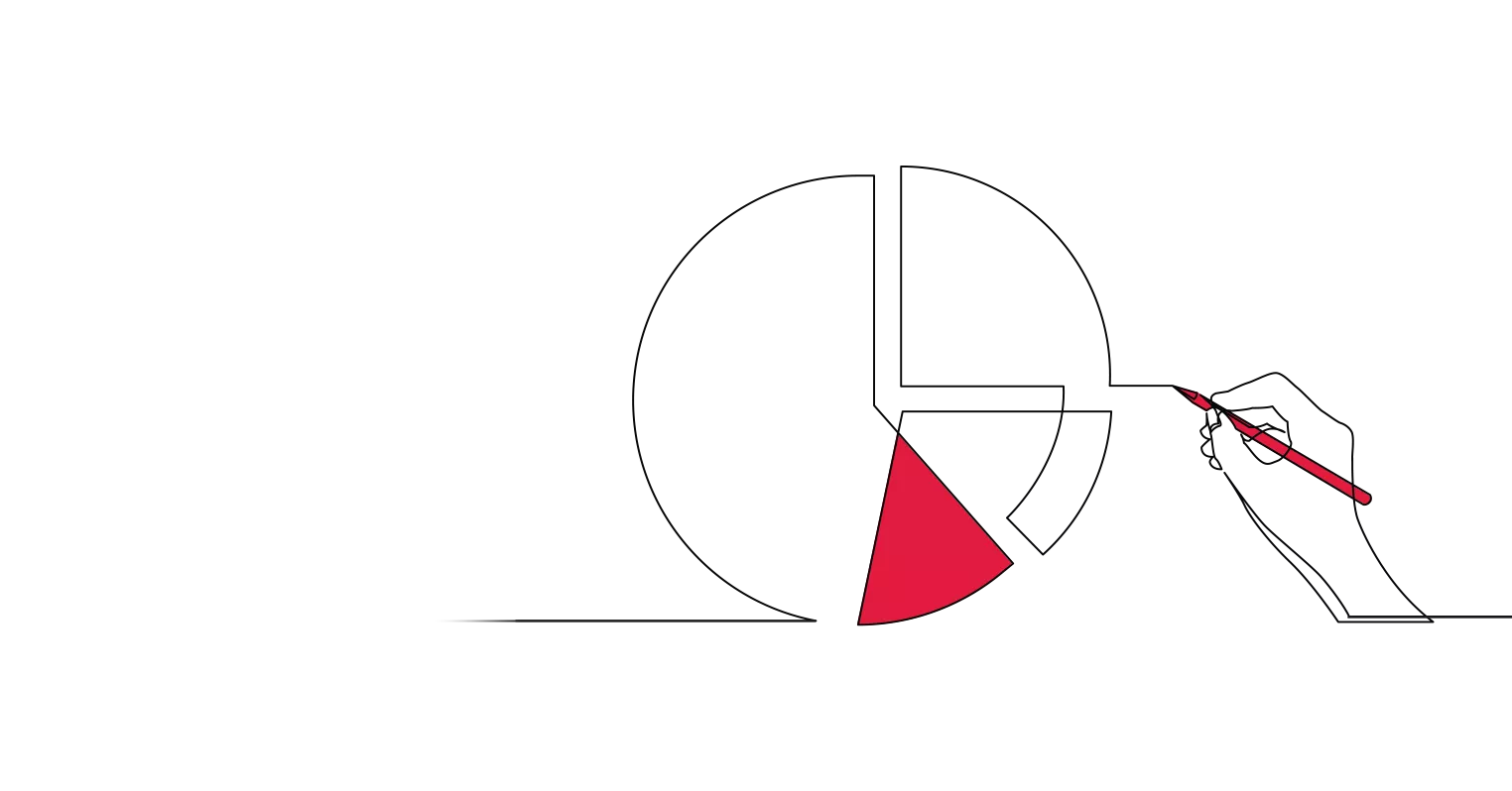 An illustration of a hand holding a red pen and a pie chart