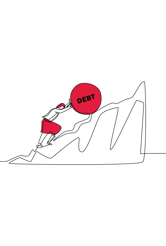 An illustration of a person pushing a large rock with 'DEBT' written on it up a hill