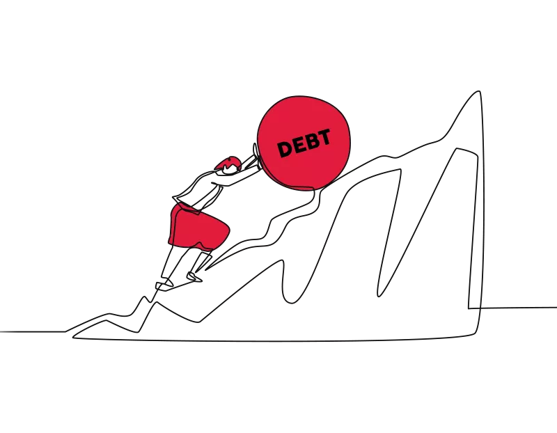 An illustration of a person pushing a large rock with 'DEBT' written on it up a hill