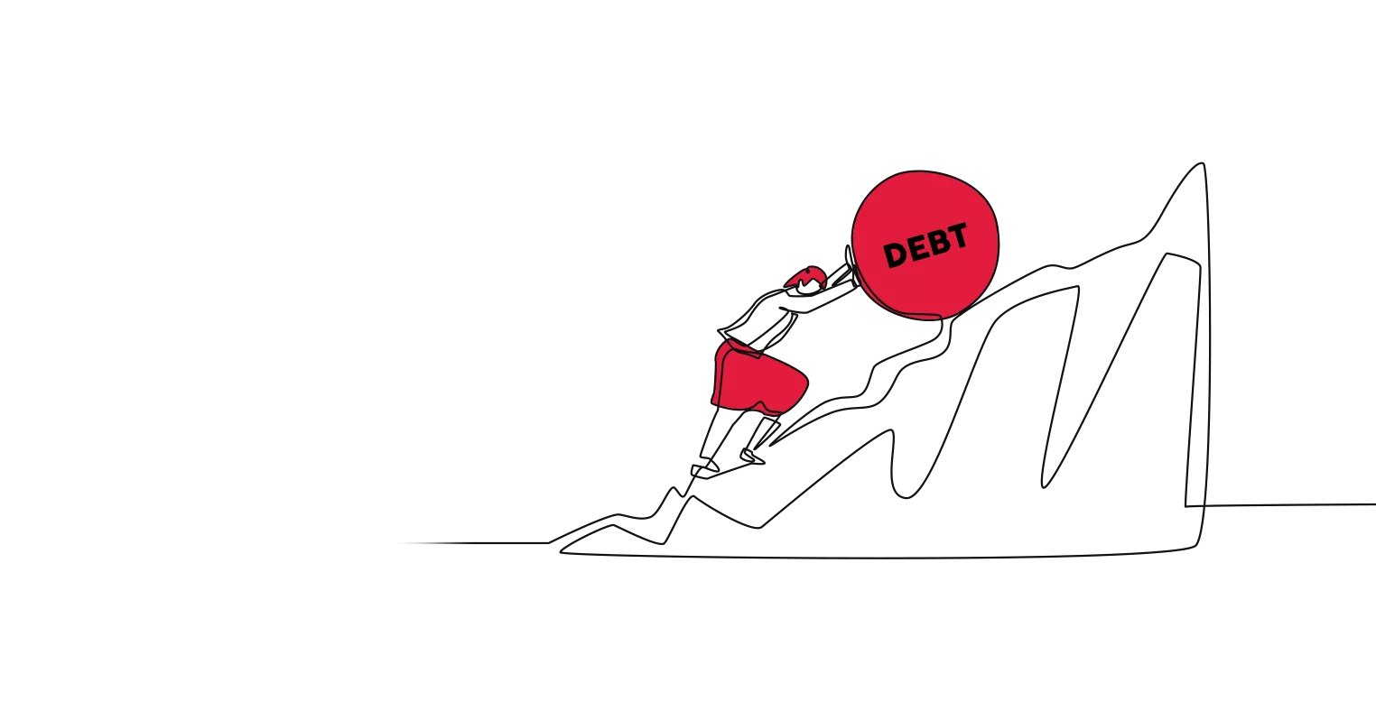 An illustration of a person pushing a large rock with 'DEBT' written on it up a hill
