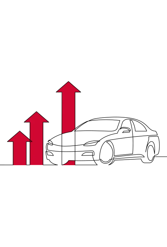 An illustration of a car next to three red arrows of various sizes pointing upwards