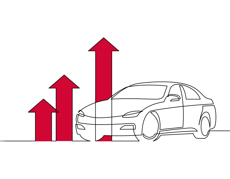 An illustration of a car next to three red arrows of various sizes pointing upwards