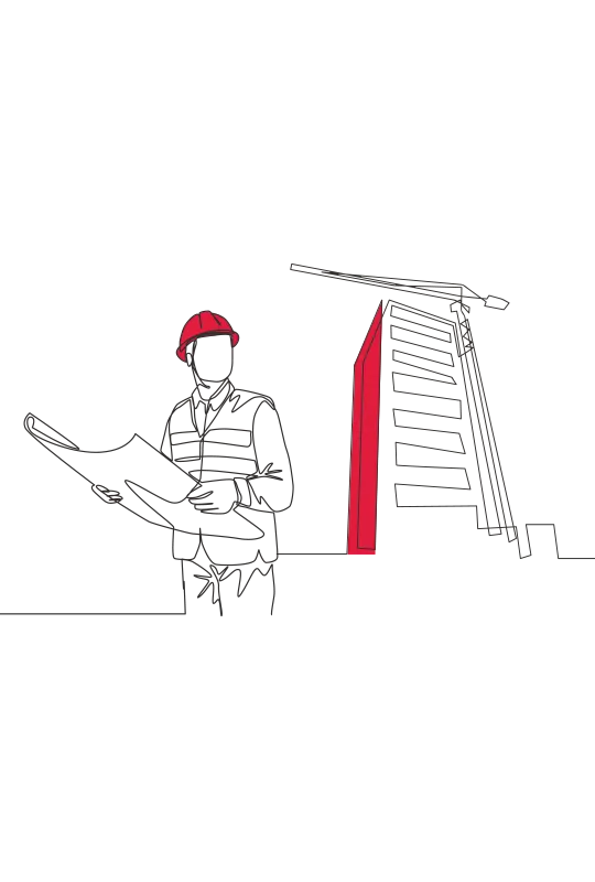 An illustration of a man in PPE and hardhat holding some plans next to a large building and crane