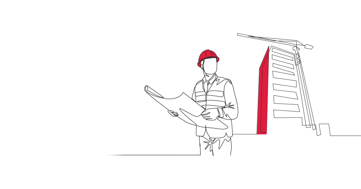 An illustration of a man in PPE and hardhat holding some plans next to a large building and crane