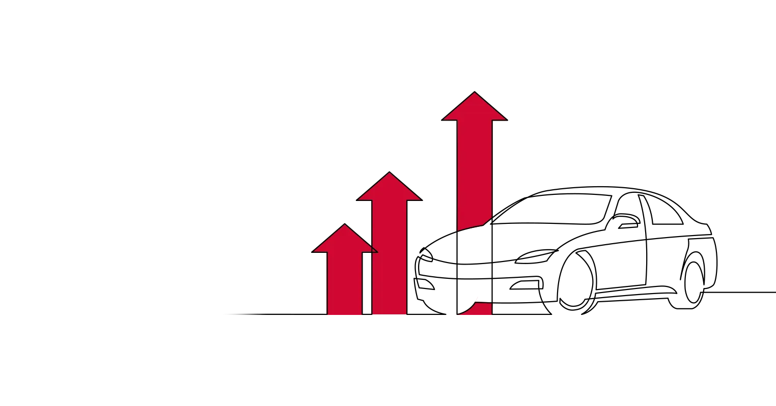 An illustration of a car next to three red arrows of various sizes pointing upwards