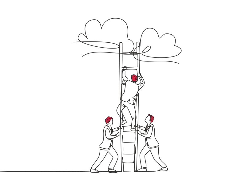 An illustration of two people holding a ladder for a third person who is climbing it