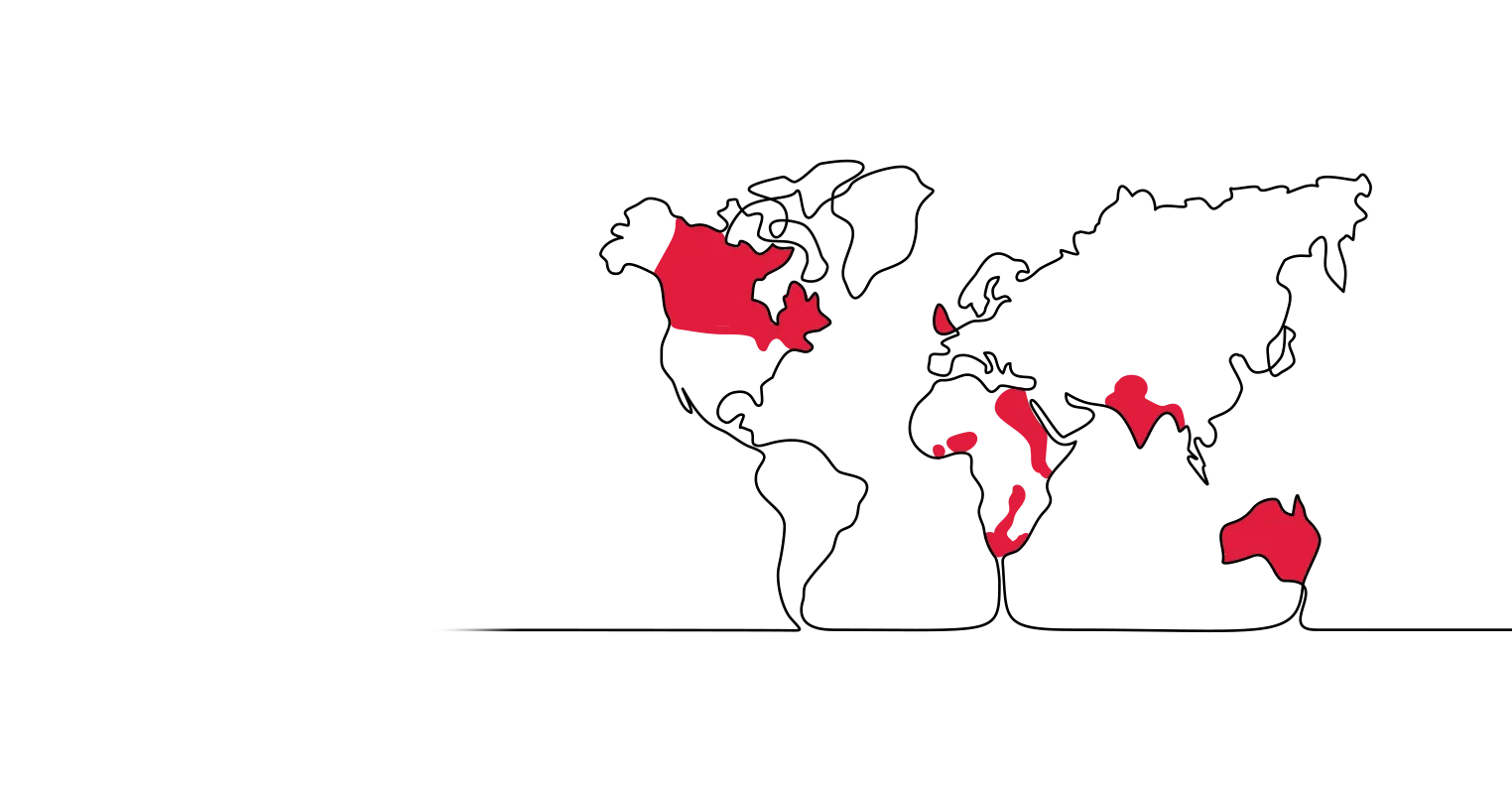 An illustration of a map of the globe with various countries highlighted in red