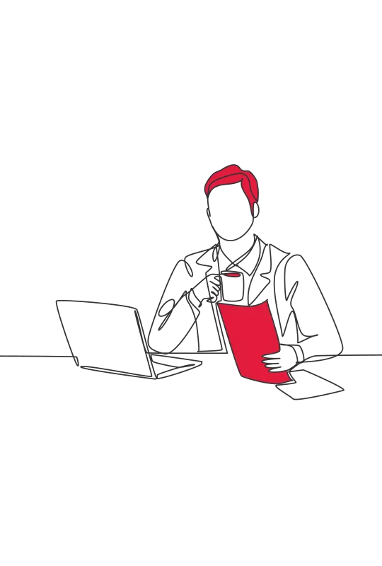 An illustration of someone having a hot drink in front of a laptop, holding a red document