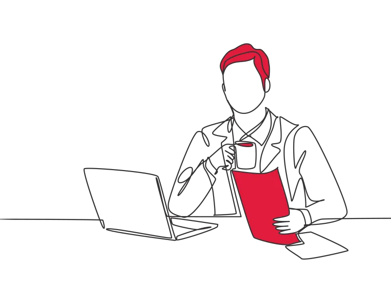 An illustration of someone having a hot drink in front of a laptop, holding a red document