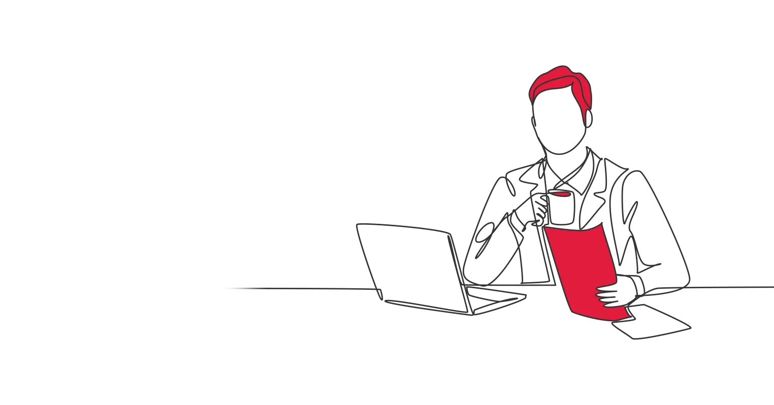 An illustration of someone having a hot drink in front of a laptop, holding a red document