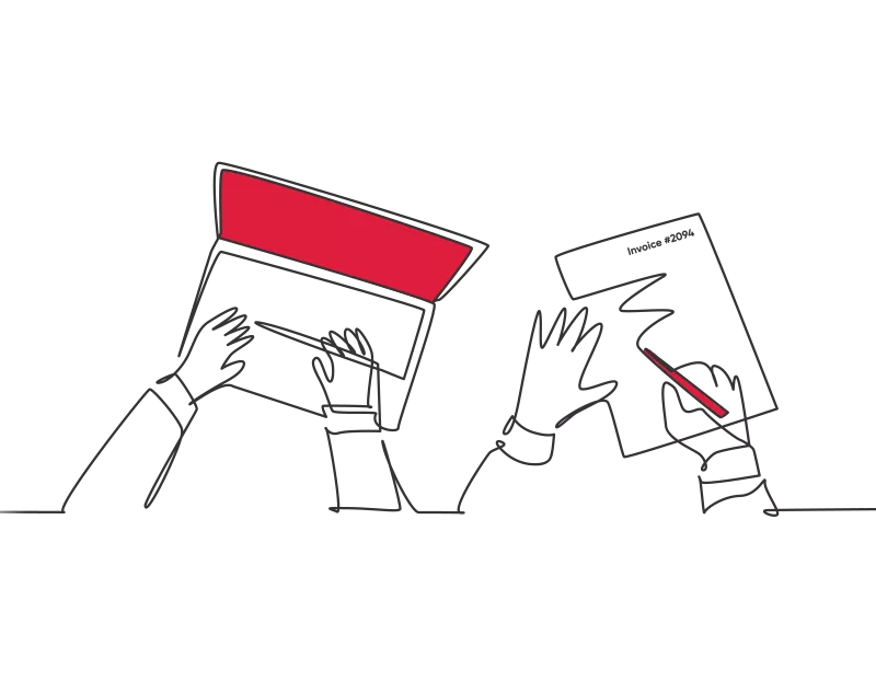 An illustration of someone using a laptop while someone next to them signs an invoice