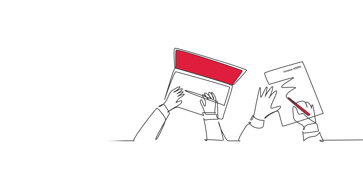 An illustration of someone using a laptop while someone next to them signs an invoice