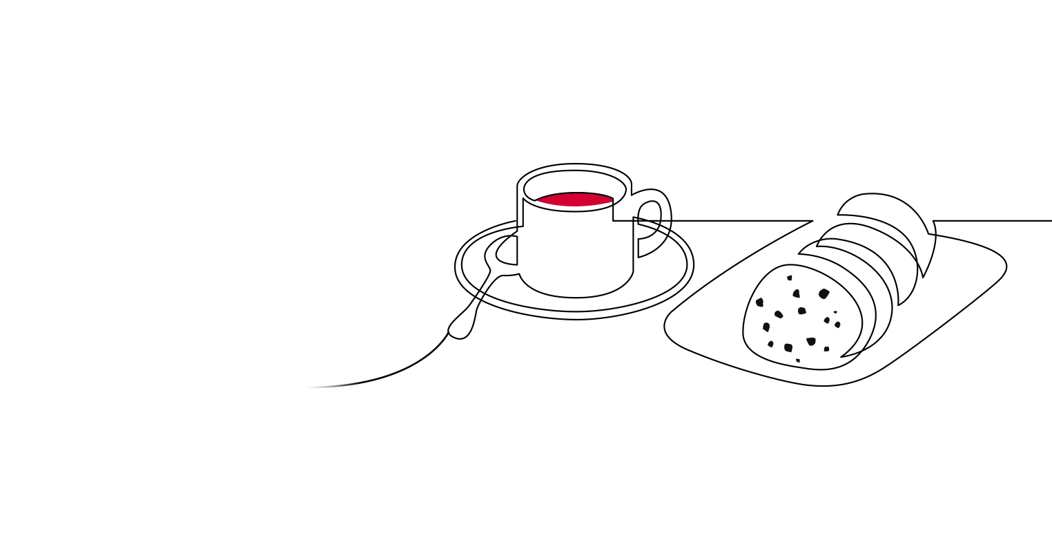 An illustration of a cup and saucer next to a plate of cookies