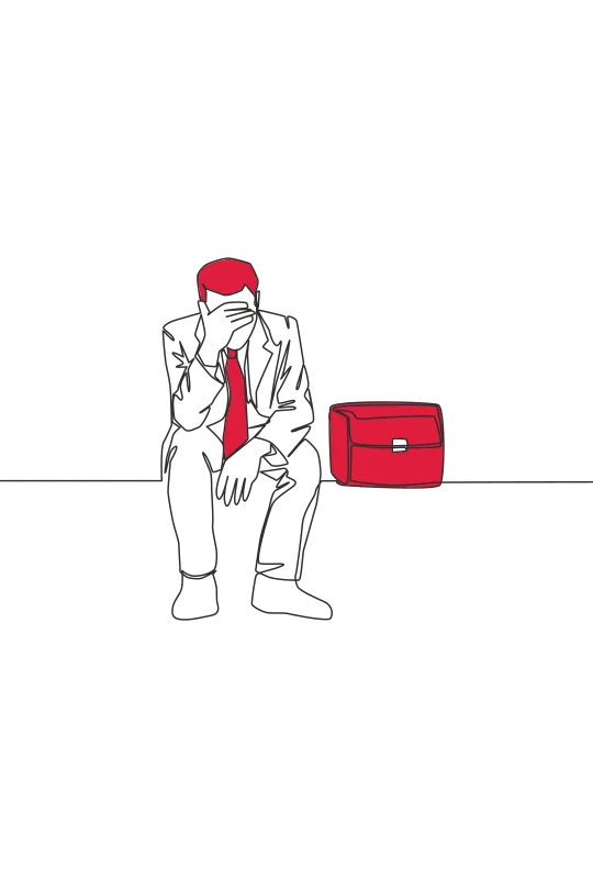 An illustration of a man with his head in his hands, next to a suitcase