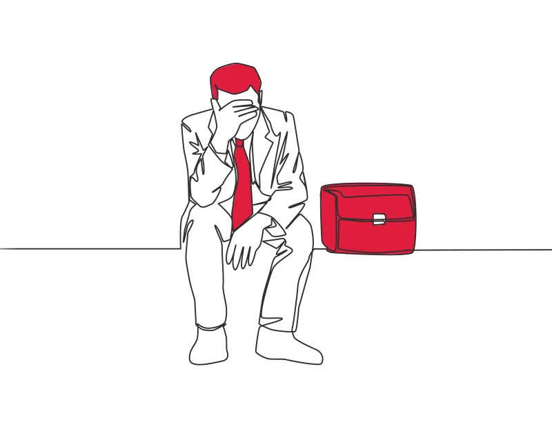 An illustration of a man with his head in his hands, next to a suitcase
