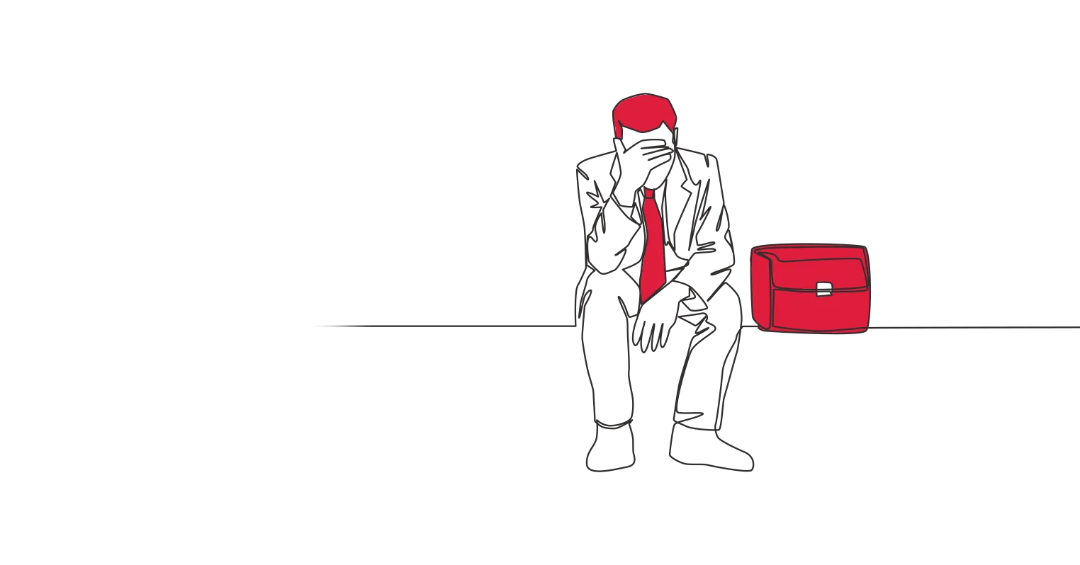An illustration of a man with his head in his hands, next to a suitcase