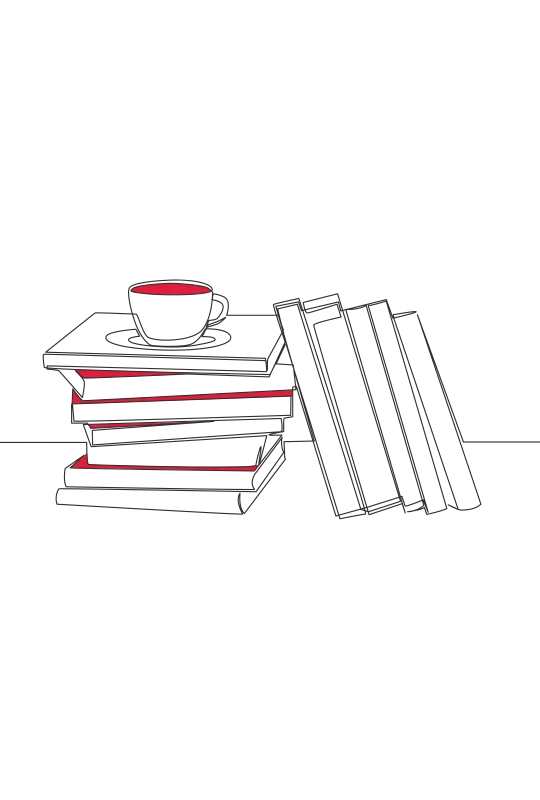 An illustration of a pile of books with a cup and saucer on top