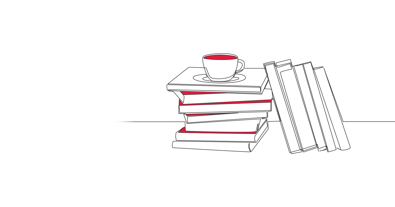 An illustration of a pile of books with a cup and saucer on top