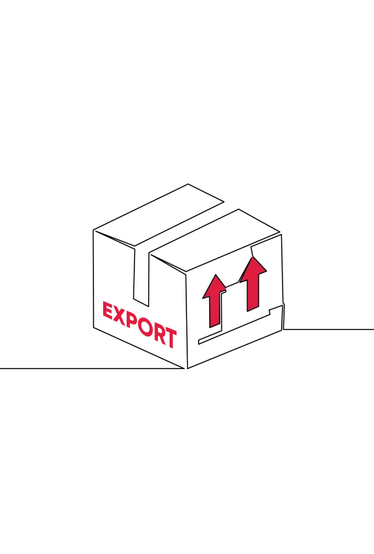 An illustration of a box with 'export' written on it in red and arrows pointing up
