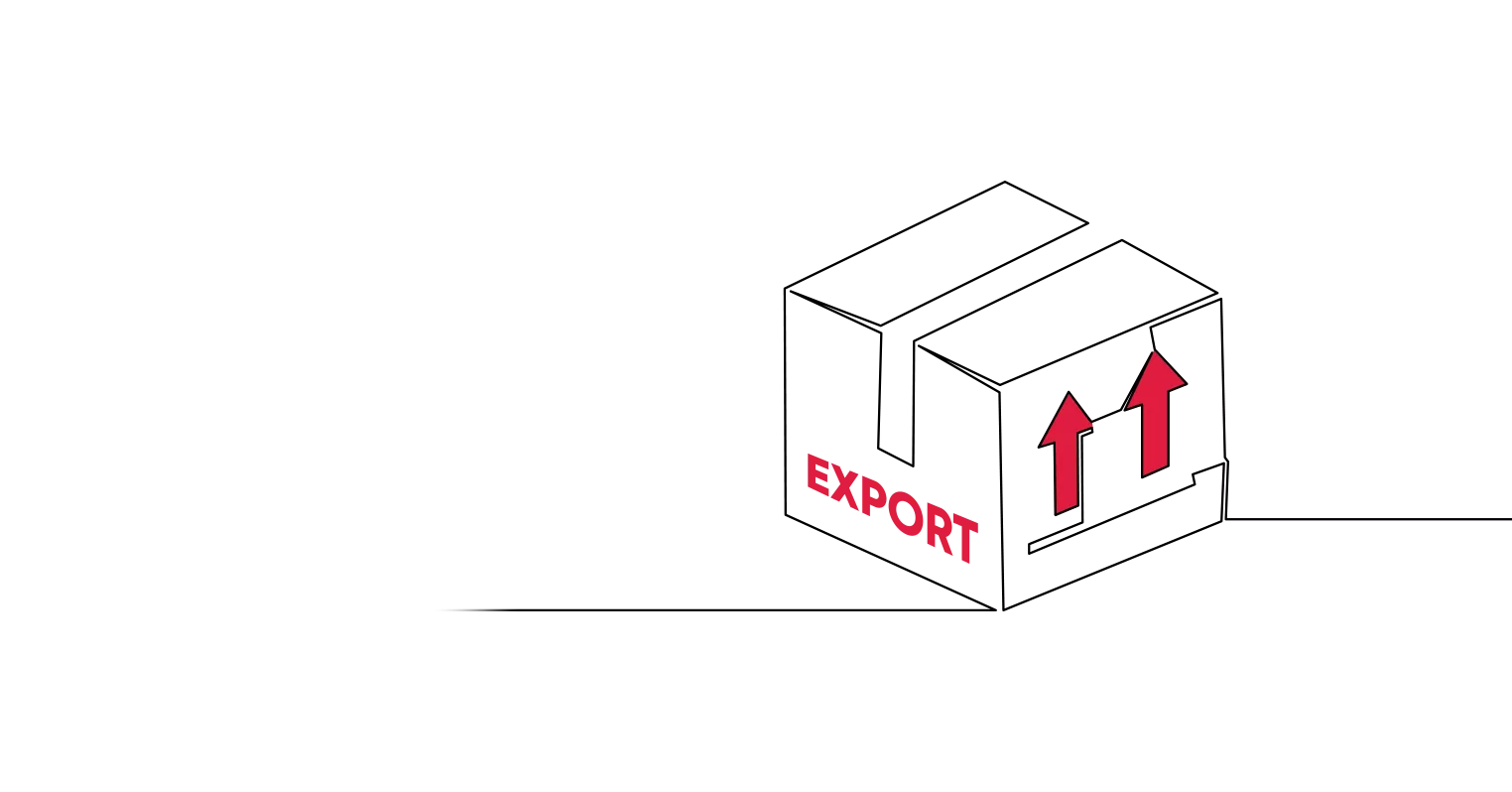 An illustration of a box with 'export' written on it in red and arrows pointing up