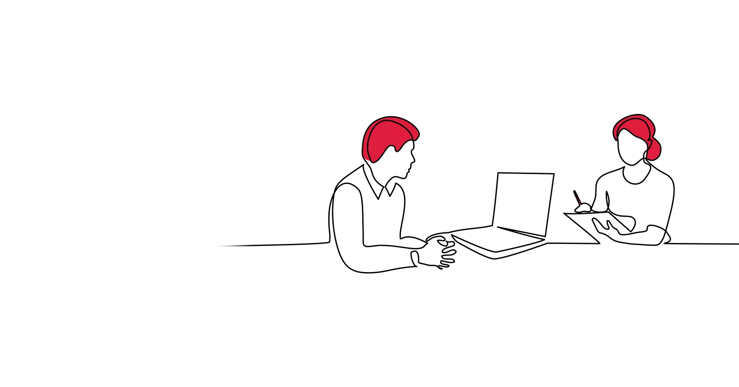 An illustration of two people meeting, the man has a laptop, the woman is taking notes