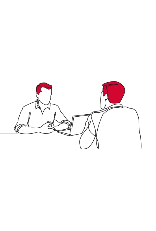 An illustration of two people meeting at a desk with a laptop between them